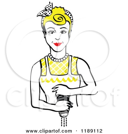 Clipart of a Retro Blond Housewife or Maid Woman Grinding Fresh Pepper 2 - Royalty Free Vector Illustration by Andy Nortnik