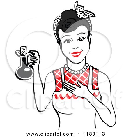 Clipart of a Happy Retro Black Haired Woman in an Apron, Holding up a Bottle of Cooking Oil 2 - Royalty Free Vector Illustration by Andy Nortnik