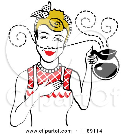 Clipart of a Dirty Blond Waitress or Housewife Smelling the Aroma of Fresh Hot Coffee in a Pot 2 - Royalty Free Vector Illustration by Andy Nortnik