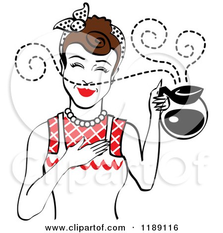 Clipart of a Brunette Waitress or Housewife Smelling the Aroma of Fresh Hot Coffee in a Pot 2 - Royalty Free Vector Illustration by Andy Nortnik