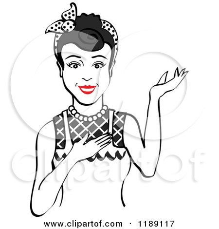 Clipart of a Retro Happy Black Haired Housewife, Waitress or Maid Woman Wearing an Apron and Presenting - Royalty Free Vector Illustration by Andy Nortnik