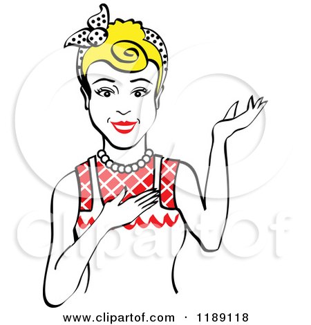 Clipart of a Retro Happy Blond Housewife, Waitress or Maid Woman Wearing an Apron and Presenting - Royalty Free Vector Illustration by Andy Nortnik