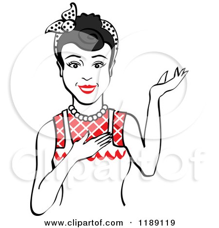 Clipart of a Retro Happy Black Haired Housewife, Waitress or Maid Woman Wearing an Apron and Presenting 2 - Royalty Free Vector Illustration by Andy Nortnik