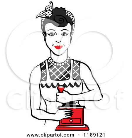 Clipart of a Retro Happy Black Haired Housewife Using a Manual Coffee Grinder - Royalty Free Vector Illustration by Andy Nortnik