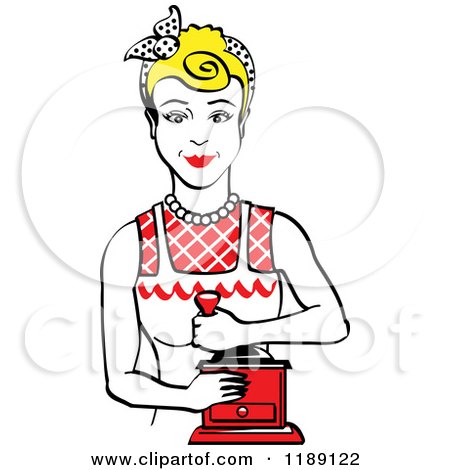 Clipart of a Retro Happy Blond Housewife Using a Manual Coffee Grinder - Royalty Free Vector Illustration by Andy Nortnik
