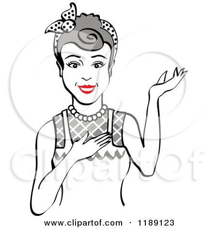 Clipart of a Retro Happy Gray Haired Housewife, Waitress or Maid Woman Wearing an Apron and Presenting - Royalty Free Vector Illustration by Andy Nortnik