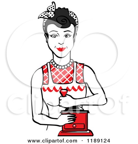 Clipart of a Retro Happy Black Haired Housewife Using a Manual Coffee Grinder 2 - Royalty Free Vector Illustration by Andy Nortnik