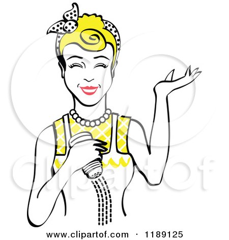 Clipart of a Happy Retro Blond Woman Shrugging and Using a Salt Shaker 5 - Royalty Free Vector Illustration by Andy Nortnik