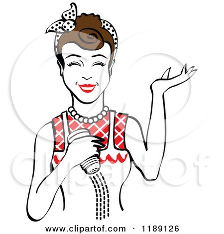Clipart of a Happy Retro Brunette Woman Shrugging and Using a Salt Shaker 6 - Royalty Free Vector Illustration by Andy Nortnik