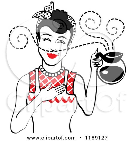 Clipart of a Black Haired Waitress or Housewife Smelling the Aroma of Fresh Hot Coffee in a Pot - Royalty Free Vector Illustration by Andy Nortnik
