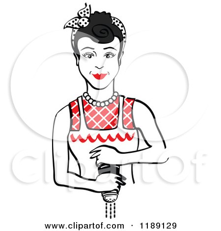 Clipart of a Retro Black Haired Housewife or Maid Woman Grinding Fresh Pepper - Royalty Free Vector Illustration by Andy Nortnik
