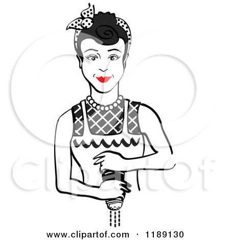 Clipart of a Retro Black Haired Housewife or Maid Woman Grinding Fresh Pepper 2 - Royalty Free Vector Illustration by Andy Nortnik