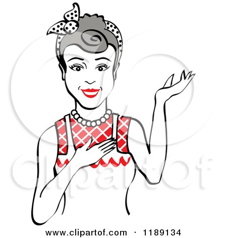 Clipart of a Retro Happy Gray Haired Housewife, Waitress or Maid Woman Wearing an Apron and Presenting 2 - Royalty Free Vector Illustration by Andy Nortnik