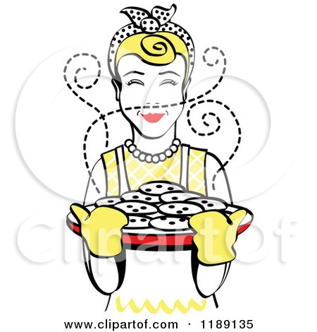 Clipart of a Retro Happy Blond Housewife Holding Freshly Baked Cookies 2 - Royalty Free Vector Illustration by Andy Nortnik