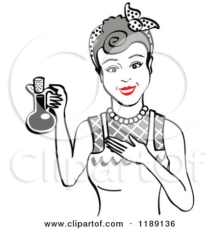 Clipart of a Happy Retro Gray Haired Woman in an Apron, Holding up a Bottle of Cooking Oil - Royalty Free Vector Illustration by Andy Nortnik