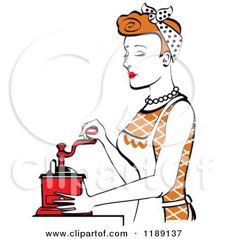 Clipart of a Retro Happy Red Haired Housewife Using a Manual Coffee Grinder in Profile - Royalty Free Vector Illustration by Andy Nortnik