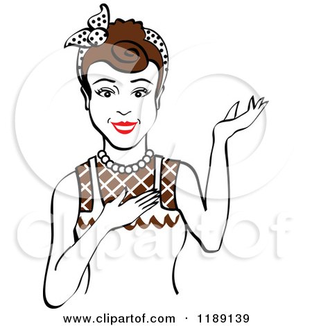 Clipart of a Retro Happy Brunette Housewife, Waitress or Maid Woman Wearing an Apron and Presenting - Royalty Free Vector Illustration by Andy Nortnik