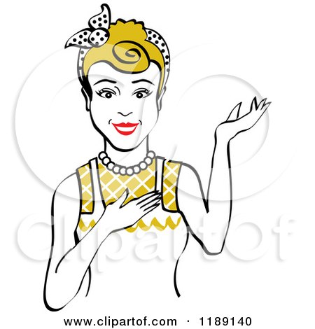 Clipart of a Retro Happy Dirty Blond Housewife, Waitress or Maid Woman Wearing an Apron and Presenting - Royalty Free Vector Illustration by Andy Nortnik
