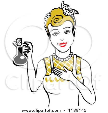 Clipart of a Happy Retro Dirty Blond Woman in an Apron, Holding up a Bottle of Cooking Oil - Royalty Free Vector Illustration by Andy Nortnik