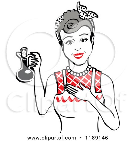 Clipart of a Happy Retro Gray Haired Woman in an Apron, Holding up a Bottle of Cooking Oil 2 - Royalty Free Vector Illustration by Andy Nortnik