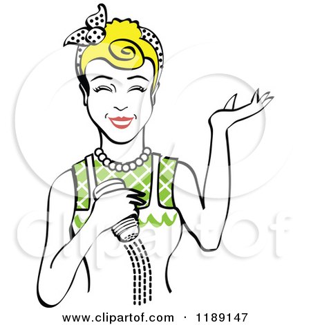 Clipart of a Happy Retro Blond Woman Shrugging and Using a Salt Shaker 4 - Royalty Free Vector Illustration by Andy Nortnik