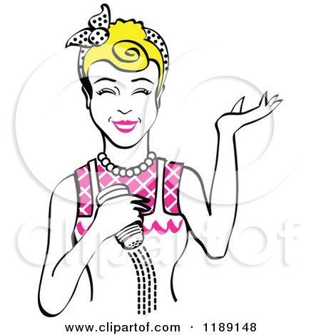 Clipart of a Happy Retro Blond Woman Shrugging and Using a Salt Shaker - Royalty Free Vector Illustration by Andy Nortnik