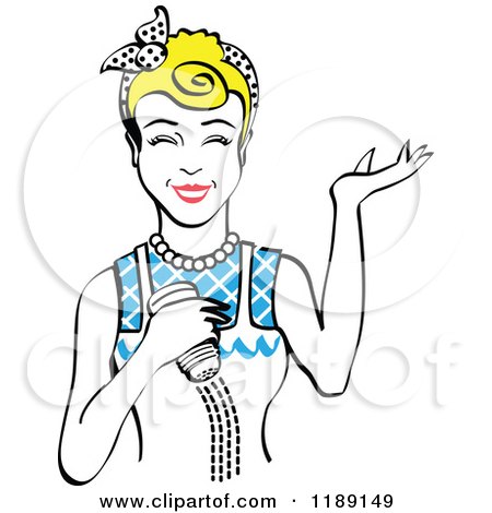 Clipart of a Happy Retro Blond Woman Shrugging and Using a Salt Shaker 3 - Royalty Free Vector Illustration by Andy Nortnik