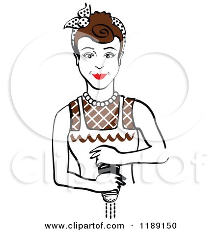 Clipart of a Retro Brunette Housewife or Maid Woman Grinding Fresh Pepper - Royalty Free Vector Illustration by Andy Nortnik