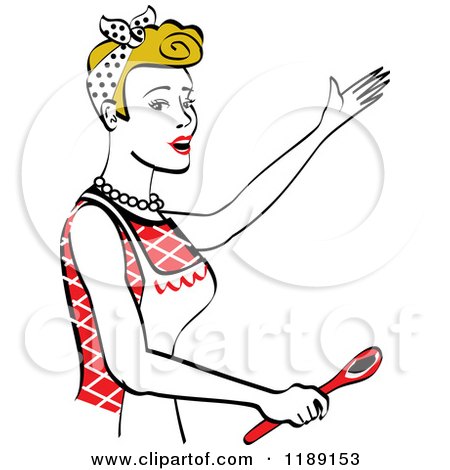 Clipart of a Happy Retro Dirty Blond Housewife Singing and Holding a Spoon in the Kitchen - Royalty Free Vector Illustration by Andy Nortnik