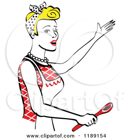 Clipart of a Happy Retro Blond Housewife Singing and Holding a Spoon in the Kitchen - Royalty Free Vector Illustration by Andy Nortnik