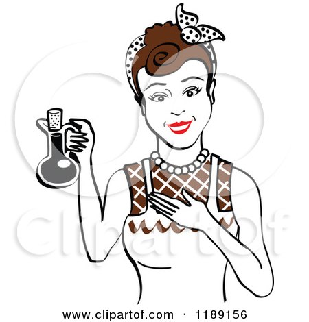 Clipart of a Happy Retro Brunette Woman in an Apron, Holding up a Bottle of Cooking Oil - Royalty Free Vector Illustration by Andy Nortnik