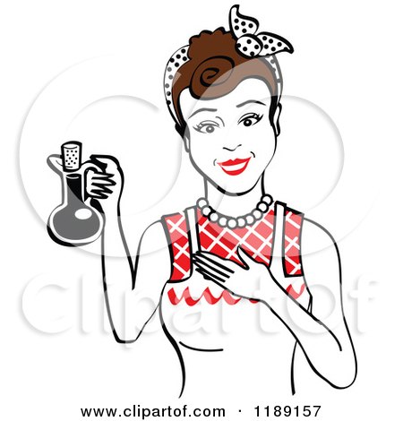 Clipart of a Happy Retro Brunette Woman in an Apron, Holding up a Bottle of Cooking Oil 2 - Royalty Free Vector Illustration by Andy Nortnik