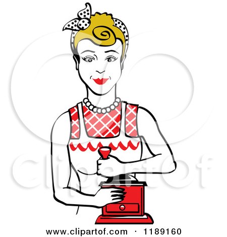 Clipart of a Retro Happy Dirty Blond Housewife Using a Manual Coffee Grinder 2 - Royalty Free Vector Illustration by Andy Nortnik