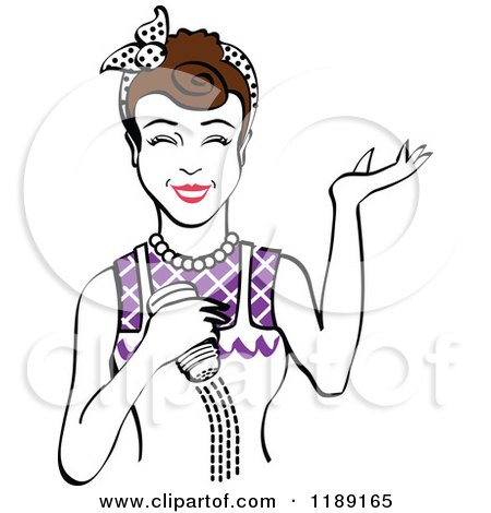 Clipart of a Happy Retro Brunette Woman Shrugging and Using a Salt Shaker 3 - Royalty Free Vector Illustration by Andy Nortnik