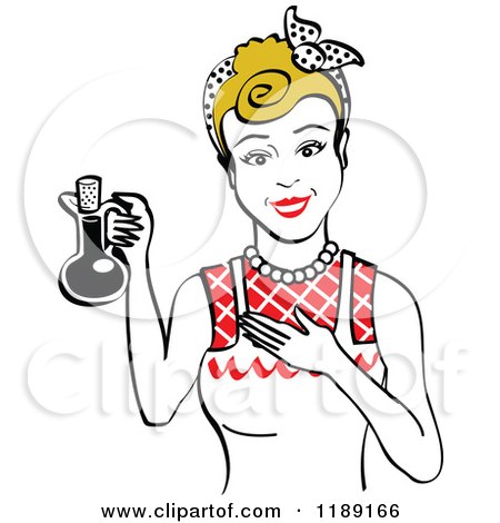 Clipart of a Happy Retro Dirty Blond Woman in an Apron, Holding up a Bottle of Cooking Oil 2 - Royalty Free Vector Illustration by Andy Nortnik