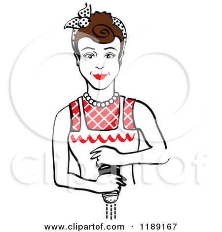 Clipart of a Retro Brunette Housewife or Maid Woman Grinding Fresh Pepper 2 - Royalty Free Vector Illustration by Andy Nortnik