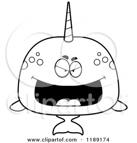 Cartoon of a Black And White Grinning Evil Narwhal - Royalty Free Vector Clipart by Cory Thoman