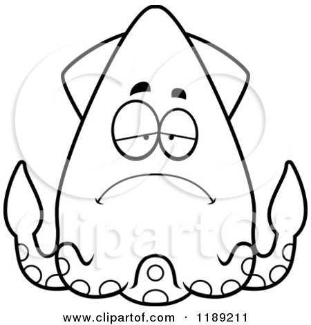 Cartoon of a Black and White Depressed Squid - Royalty Free Vector Clipart by Cory Thoman