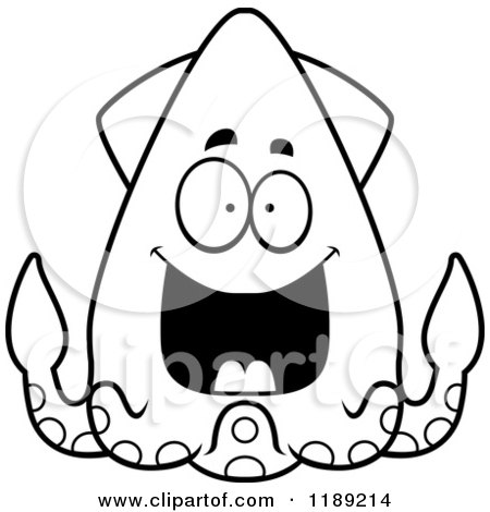 Cartoon of a Black and White Grinning Happy Squid - Royalty Free Vector Clipart by Cory Thoman