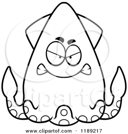 Cartoon of a Black and White Mad Squid - Royalty Free Vector Clipart by Cory Thoman