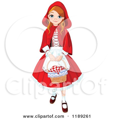 Cartoon of a Happy Girl Dressed As Red Riding Hood, Carrying a Basket - Royalty Free Vector Clipart by Pushkin
