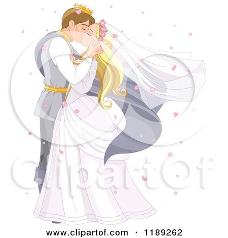 Cartoon of a Fairy Tale Prince and Princess Wedding Couple Kissing, Surrounded by Heart Confetti - Royalty Free Vector Clipart by Pushkin