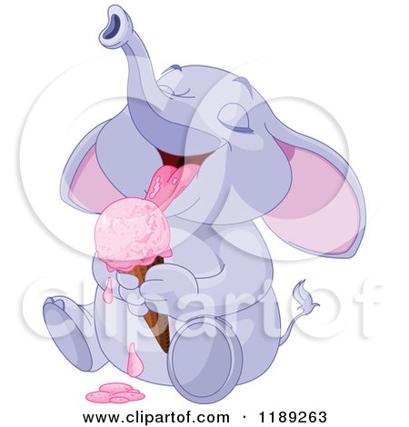 Cartoon of a Cute Happy Purple Baby Elephant Licking a Strawberry Ice Cream Cone - Royalty Free Vector Clipart by Pushkin