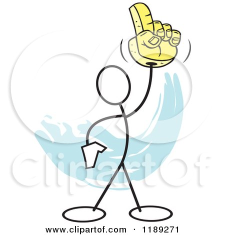 Cartoon of a Stickler Man Holding up a Number One Glove, over Blue - Royalty Free Vector Clipart by Johnny Sajem