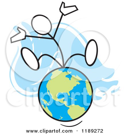 Cartoon of a Stickler Man Sitting on Top of the World, over Blue - Royalty Free Vector Clipart by Johnny Sajem