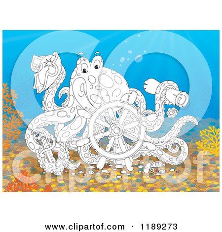 Cartoon of a Happy Black and White Captain Octopus with a Scroll Hat Sword and Sunken Ship Helm - Royalty Free Clipart by Alex Bannykh