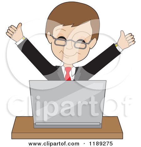 Cartoon of a Businessman Cheering Behind a Laptop - Royalty Free Vector Clipart by Maria Bell