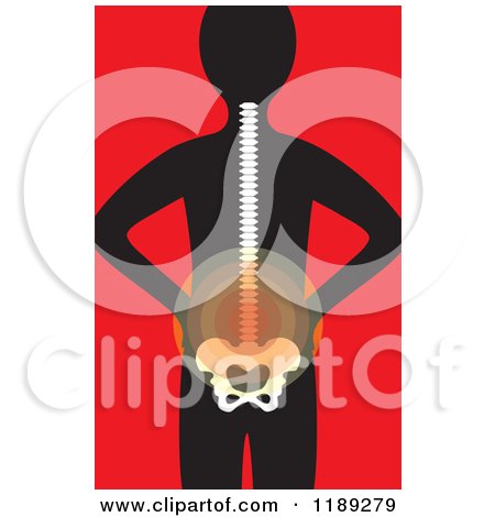 Cartoon of a Silhouetted Body with Visible Spine and Glowing Back Ache, on Red - Royalty Free Vector Clipart by Maria Bell