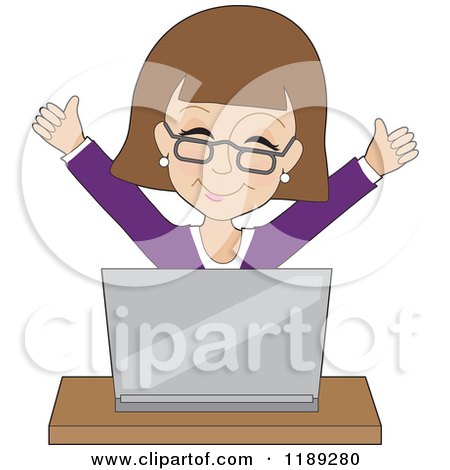 Cartoon of a Businesswoman Cheering Behind a Laptop - Royalty Free Vector Clipart by Maria Bell
