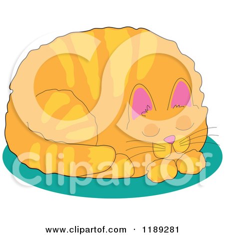 Cartoon of a Chubby Ginger Cat Curled up and Sleeping on a Turquoise Rug - Royalty Free Vector Clipart by Maria Bell